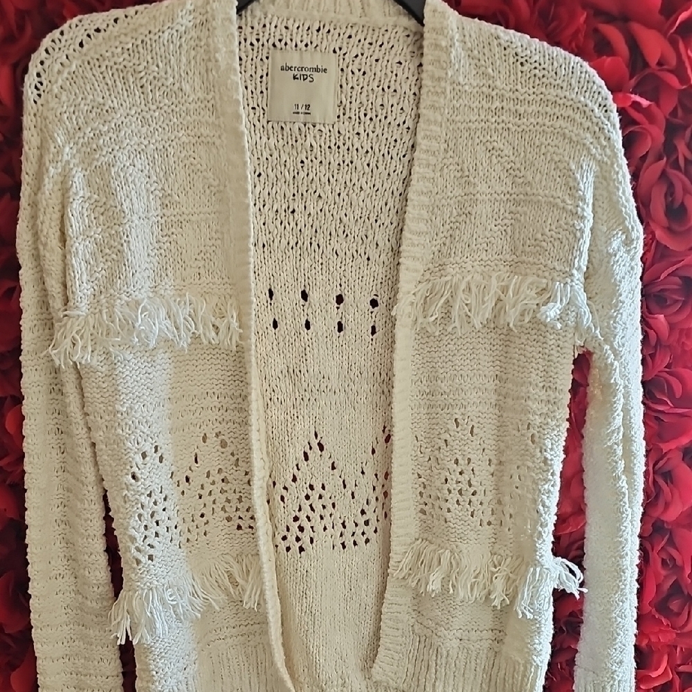 Abercrombie & Fitch Girl's Cream Cardigan Sweater With Fringe Detail Size 11/12